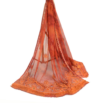 Sanskriti Vintage Orange Dupatta Long Stole Pure Chiffon Silk Handmade Tie-Dye