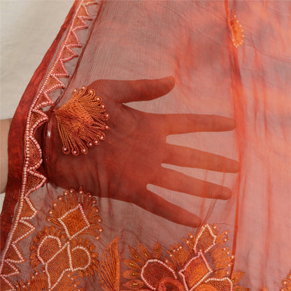 Sanskriti Vintage Orange Dupatta Long Stole Pure Chiffon Silk Handmade Tie-Dye