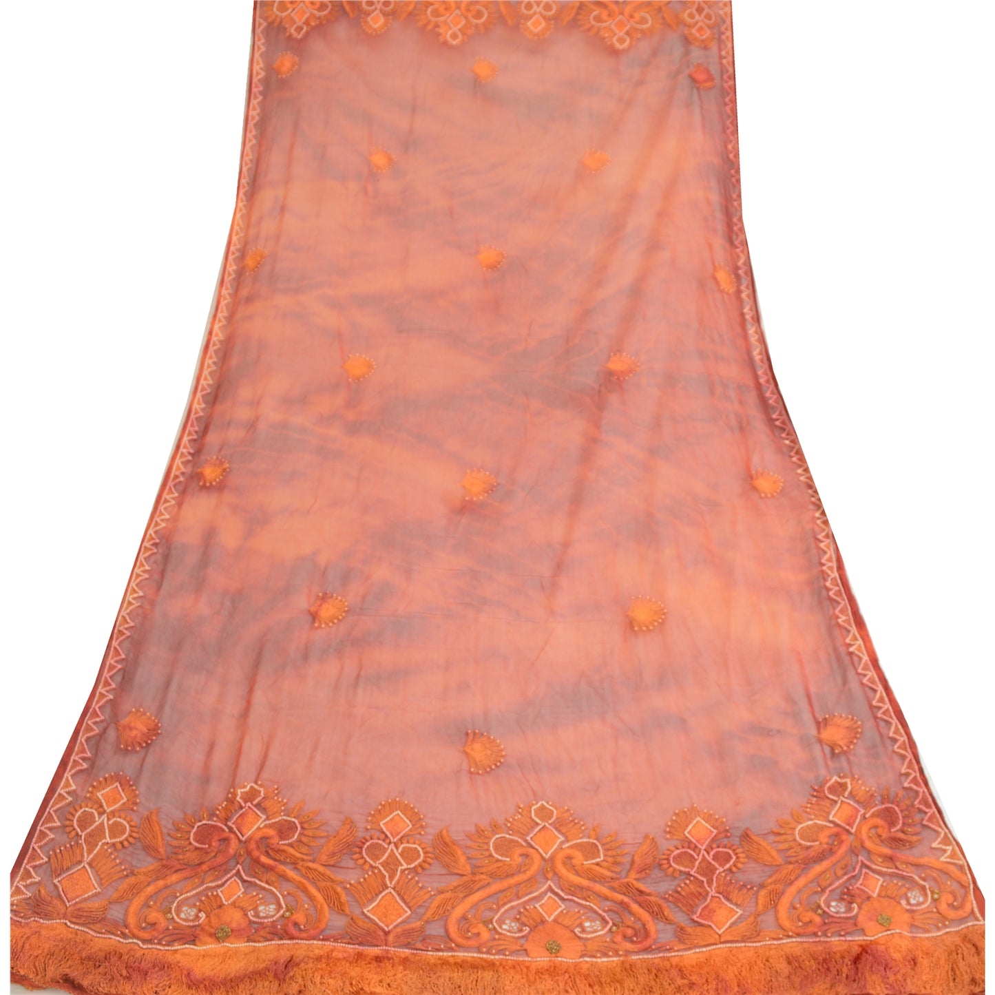 Sanskriti Vintage Orange Dupatta Long Stole Pure Chiffon Silk Handmade Tie-Dye