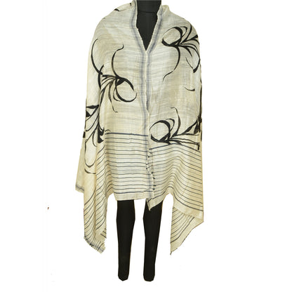 Sanskriti Vintage Elfenben Lange Dupatta/Stole Ren Håndvævet Silke Trykte Tørklæder