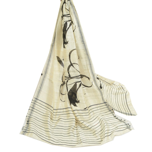 Sanskriti Vintage Ivory Long Dupatta/Stole Pure Handloom Silk Printed Scarves