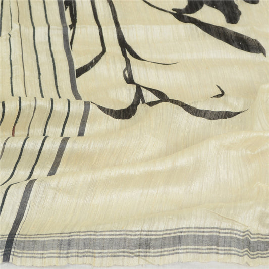 Sanskriti Vintage Ivory Long Dupatta/Stole Pure Handloom Silk Printed Scarves