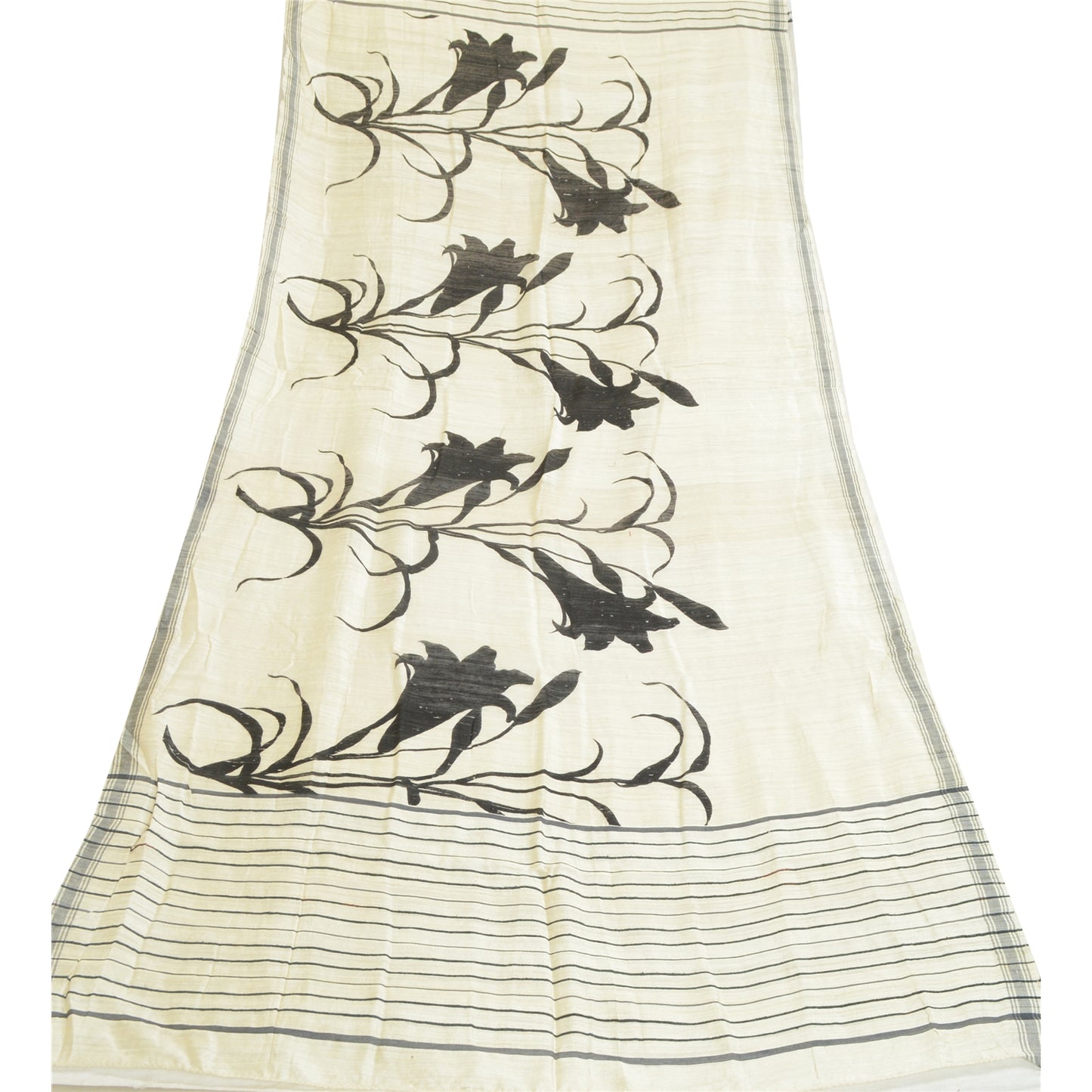 Sanskriti Vintage Elfenben Lange Dupatta/Stole Ren Håndvævet Silke Trykte Tørklæder