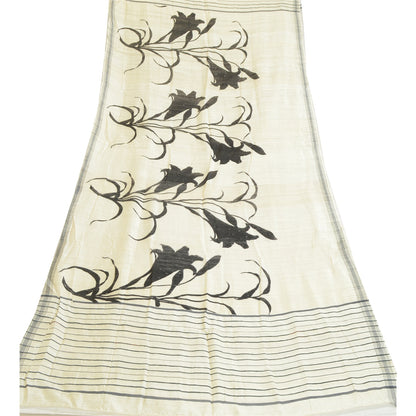 Sanskriti Vintage Elfenben Lange Dupatta/Stole Ren Håndvævet Silke Trykte Tørklæder