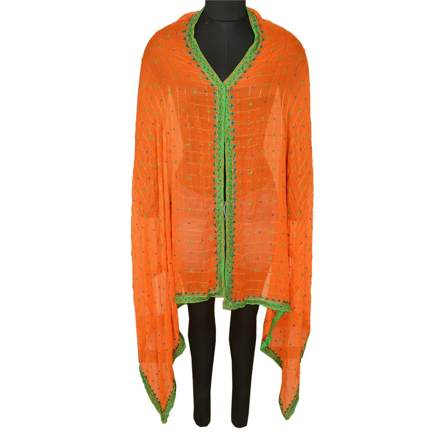 Sanskriti Vintage Long Orange Dupatta/Stole Blend Silk Hand Beaded Woven Scarves