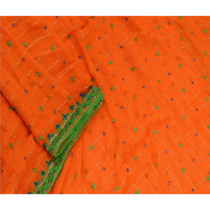 Sanskriti Vintage Long Orange Dupatta/Stole Blend Silk Hand Beaded Woven Scarves