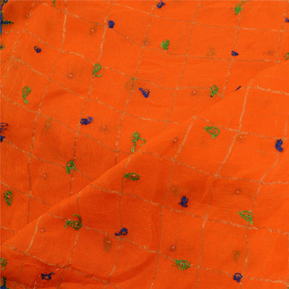 Sanskriti Vintage Long Orange Dupatta/Stole Blend Silk Hand Beaded Woven Scarves