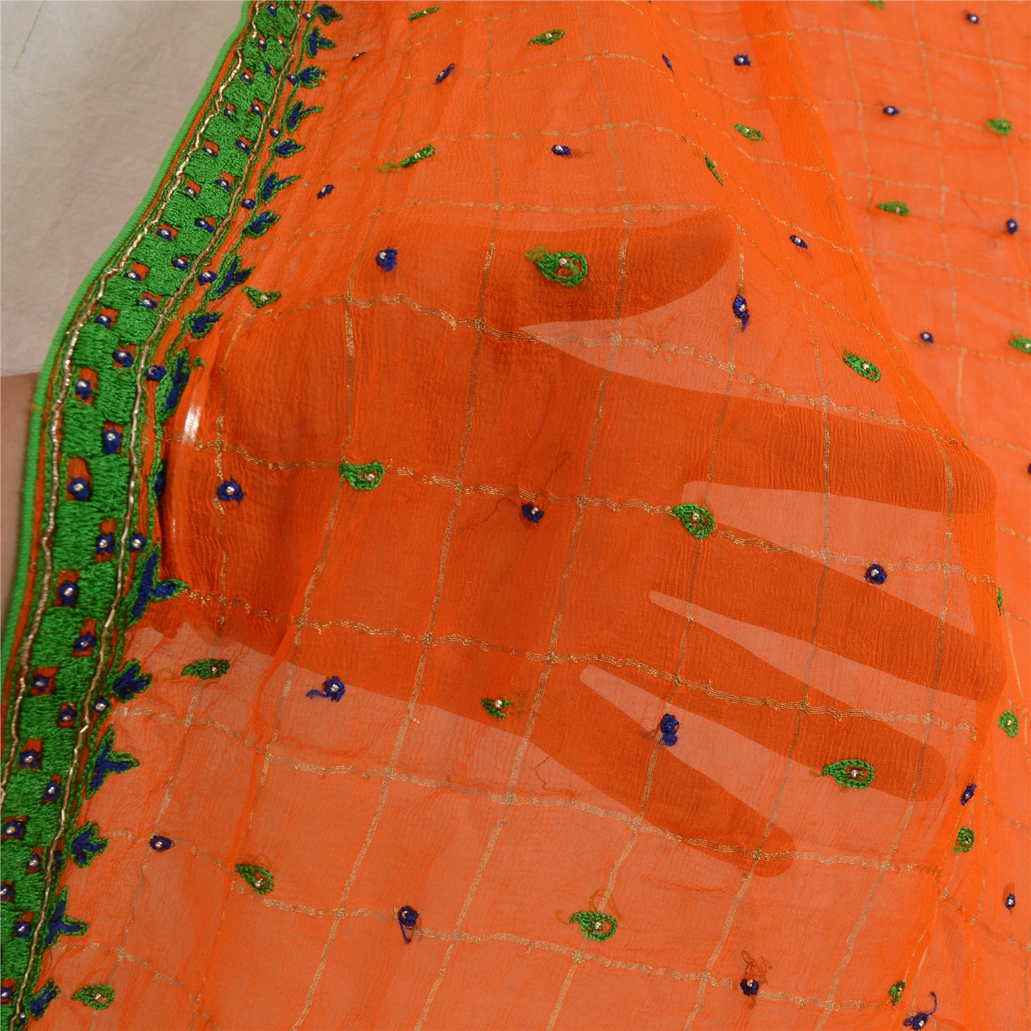 Sanskriti Vintage Long Orange Dupatta/Stole Blend Silk Hand Beaded Woven Scarves
