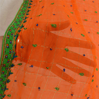 Sanskriti Vintage Long Orange Dupatta/Stole Blend Silk Hand Beaded Woven Scarves