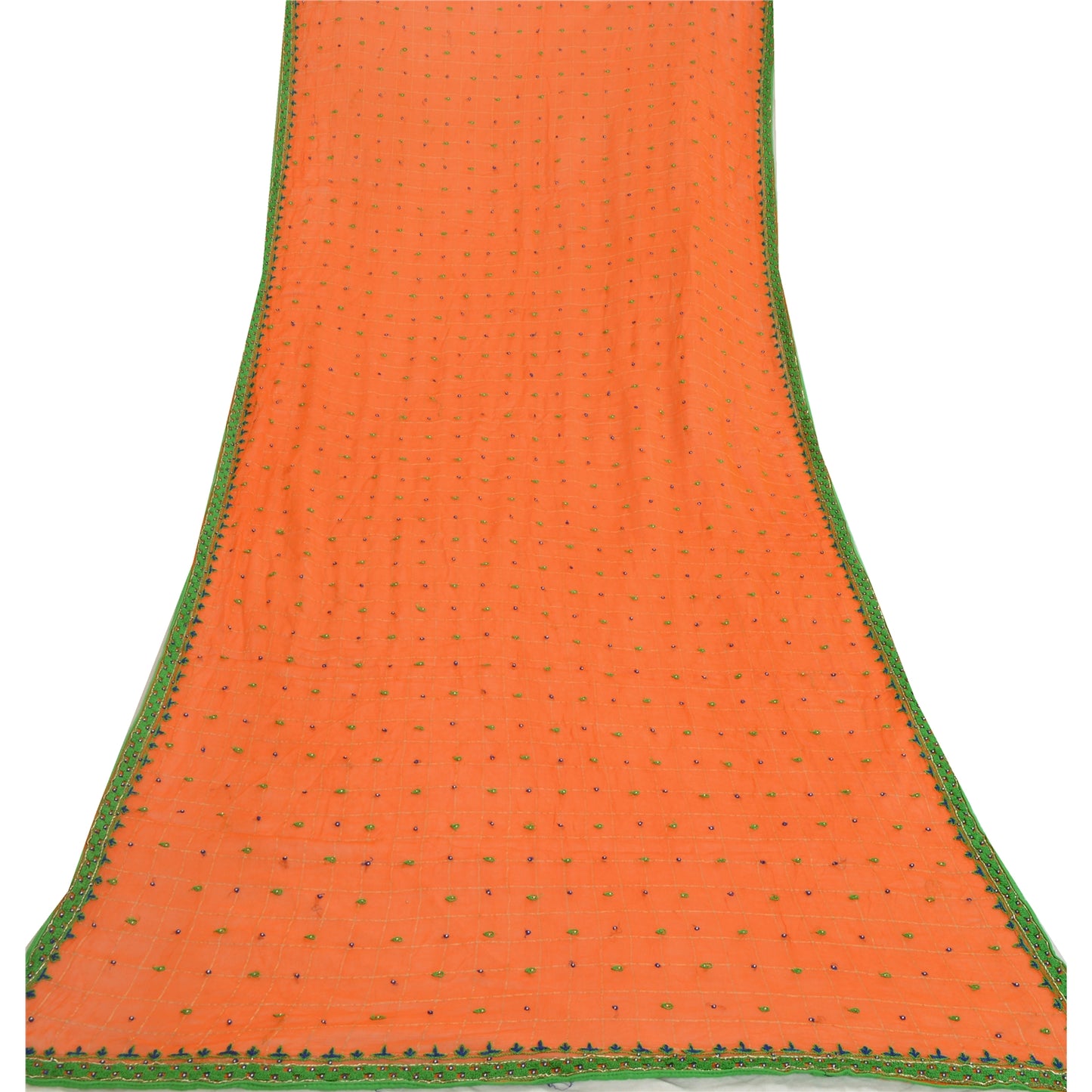 Sanskriti Vintage Long Orange Dupatta/Stole Blend Silk Hand Beaded Woven Scarves
