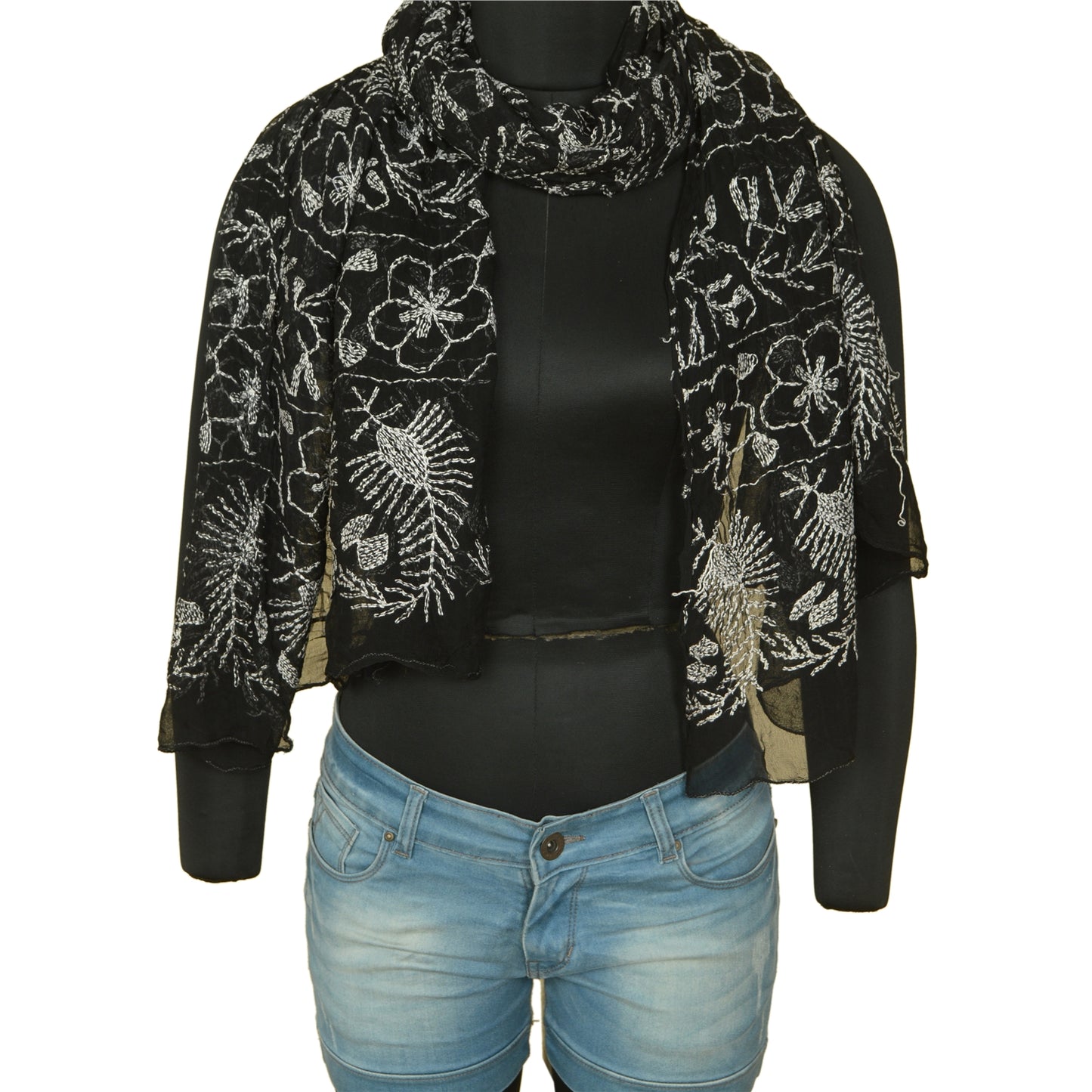 Sanskriti Vintage Dupatta Long Stole Blend Georgette Black Handmade Kantha Veil