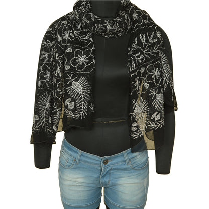 Sanskriti Vintage Dupatta Long Stole Blend Georgette Black Handmade Kantha Veil