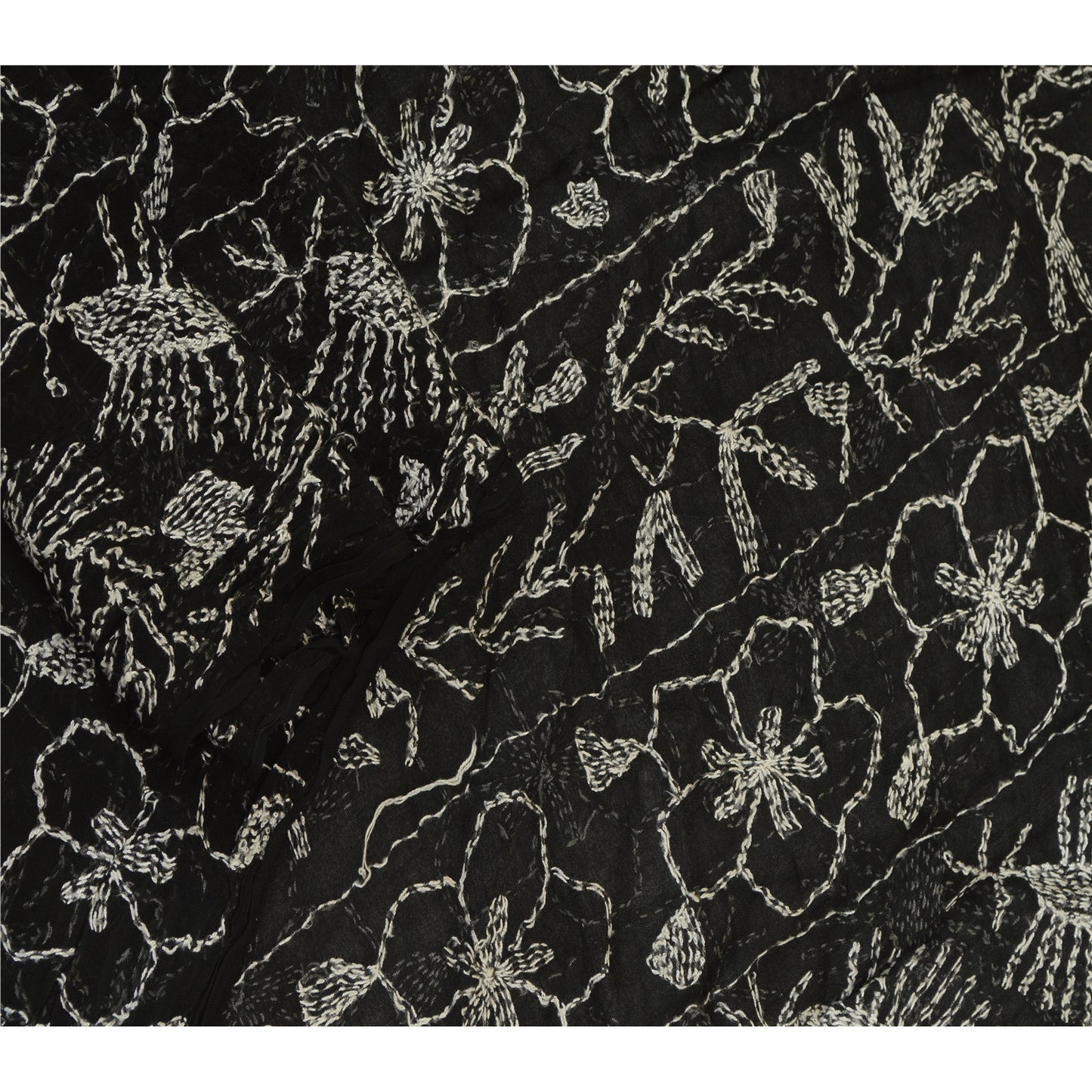 Sanskriti Vintage Dupatta Long Stole Blend Georgette Black Handmade Kantha Veil