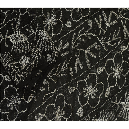 Sanskriti Vintage Dupatta Long Stole Blend Georgette Black Handmade Kantha Veil