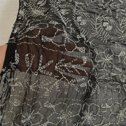 Sanskriti Vintage Dupatta Long Stole Blend Georgette Black Handmade Kantha Veil