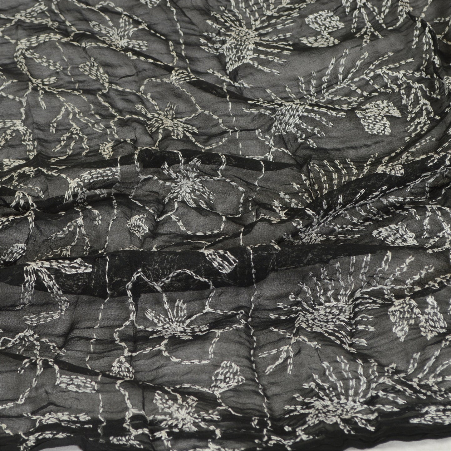 Sanskriti Vintage Dupatta Long Stole Blend Georgette Black Handmade Kantha Veil