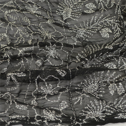 Sanskriti Vintage Dupatta Long Stole Blend Georgette Black Handmade Kantha Veil