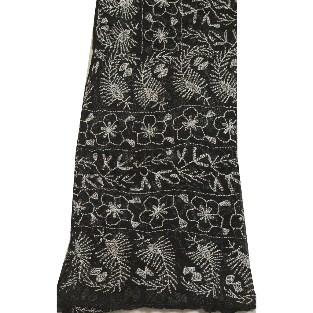 Sanskriti Vintage Dupatta Long Stole Blend Georgette Black Handmade Kantha Veil