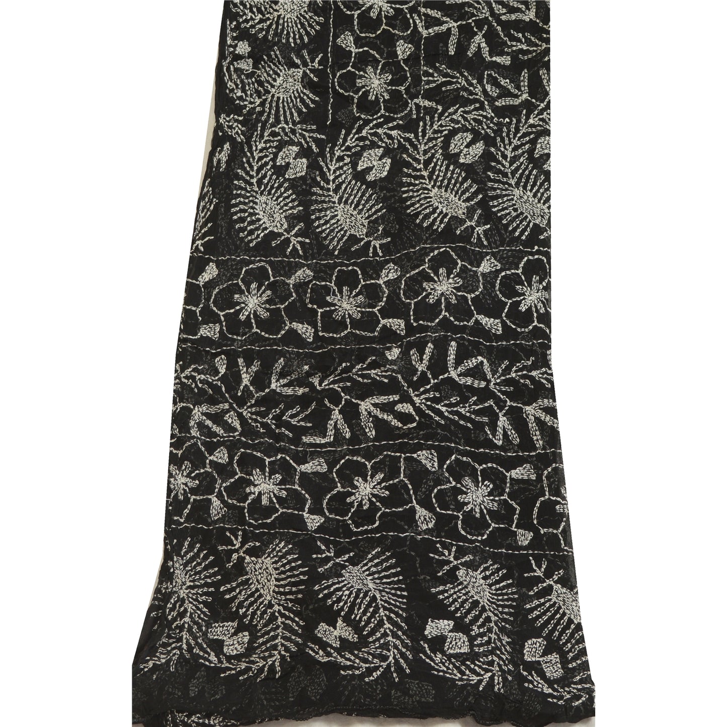 Sanskriti Vintage Dupatta Long Stole Blend Georgette Black Handmade Kantha Veil