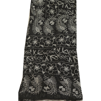 Sanskriti Vintage Dupatta Long Stole Blend Georgette Black Handmade Kantha Veil