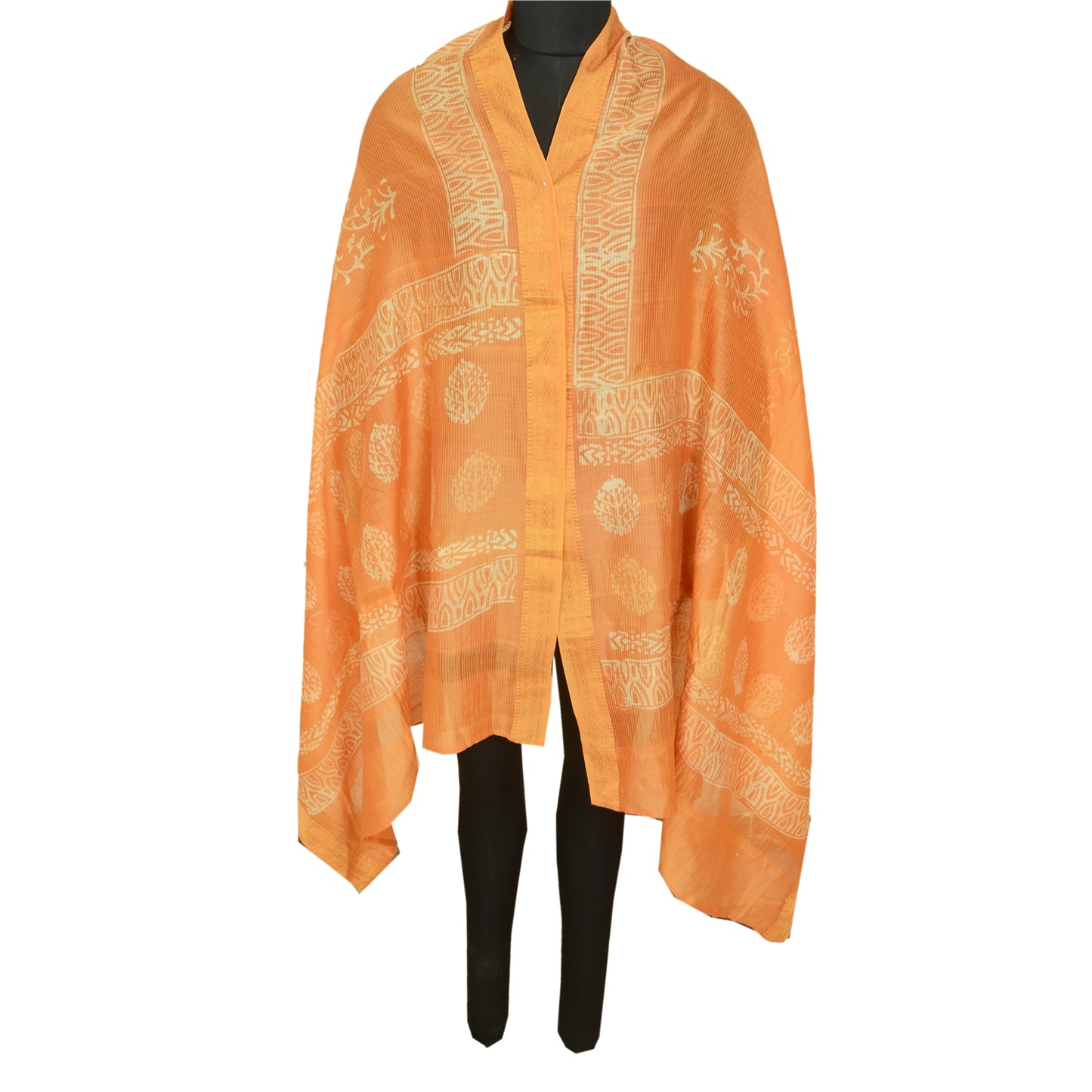 Sanskriti Vintage Dupatta Long Stole Pure Silk Orange Hijab Batik Work Scarves