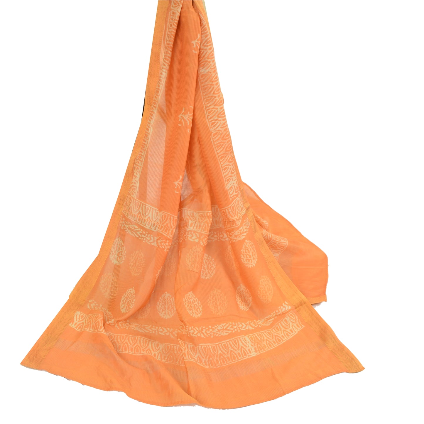 Sanskriti Vintage Dupatta Long Stole Pure Silk Orange Hijab Batik Work Scarves
