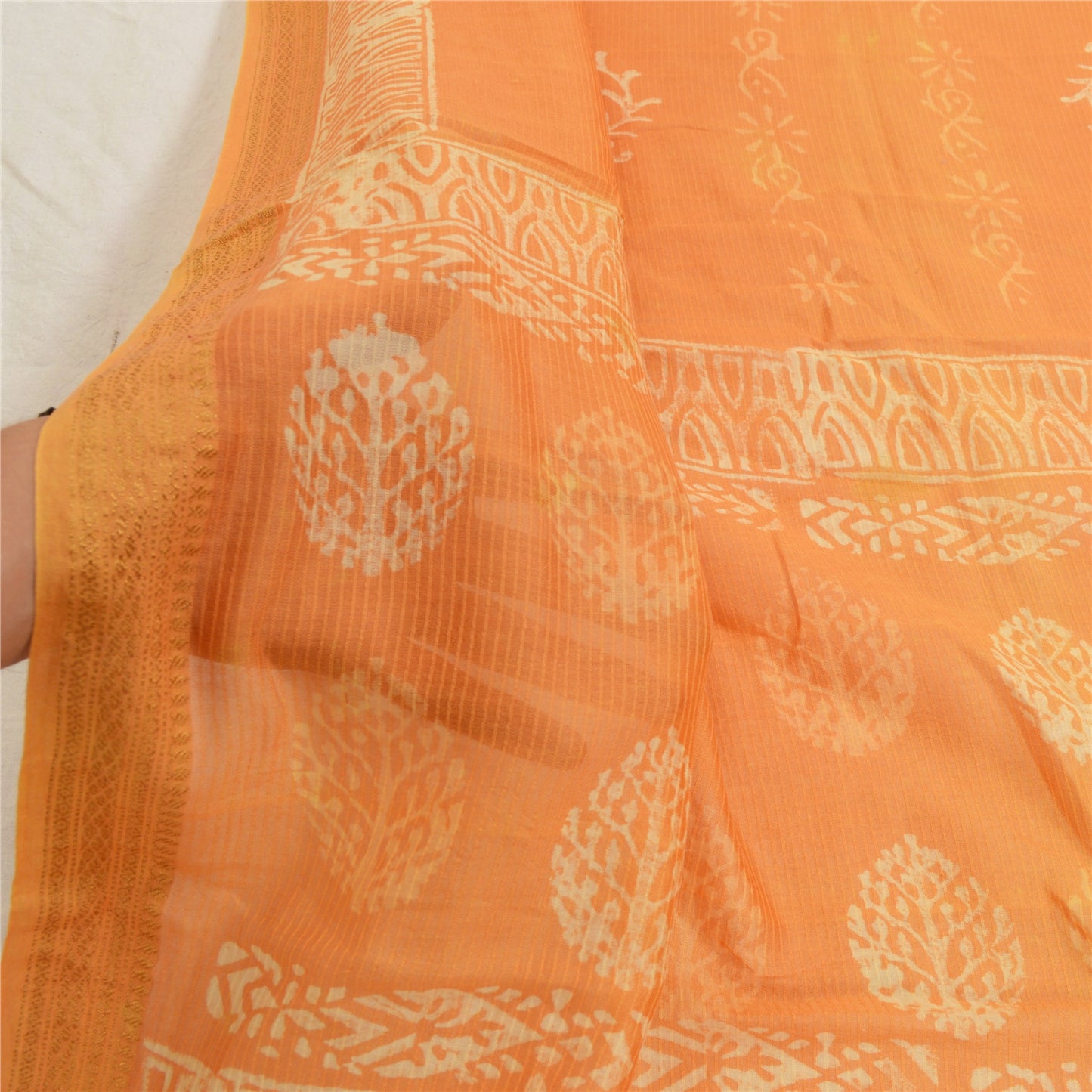Sanskriti Vintage Dupatta Long Stole Pure Silk Orange Hijab Batik Work Scarves