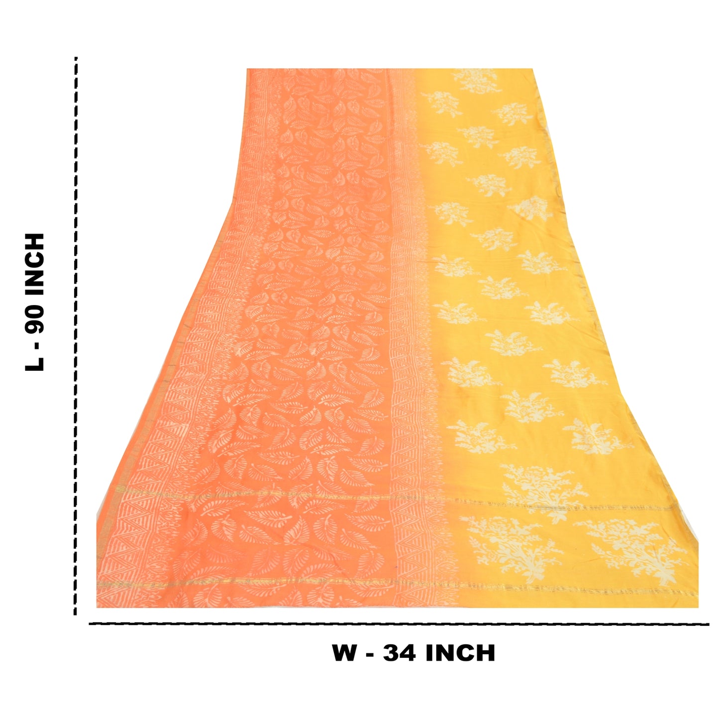 Sanskriti Vintage Long Yellow/Orange Dupatta Stole Pure Silk Hand-Block Printed