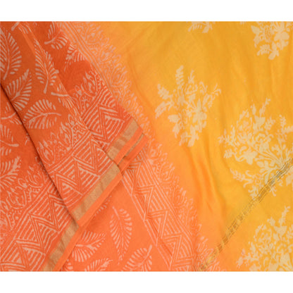 Sanskriti Vintage Long Yellow/Orange Dupatta Stole Pure Silk Hand-Block Printed