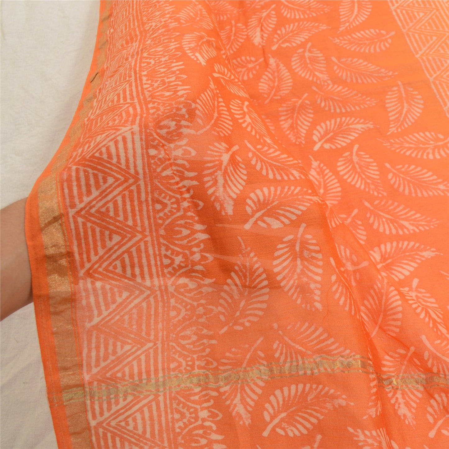 Sanskriti Vintage Long Yellow/Orange Dupatta Stole Pure Silk Hand-Block Printed