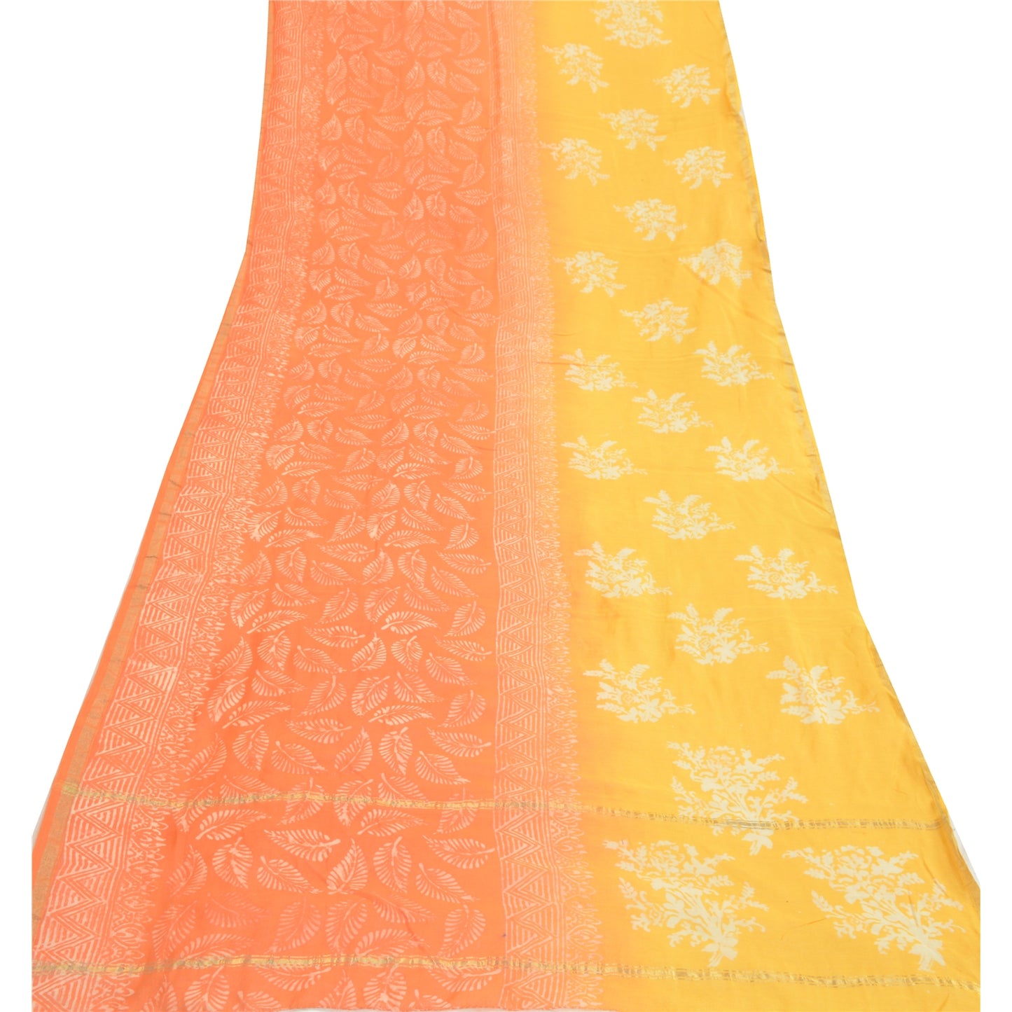 Sanskriti Vintage Long Yellow/Orange Dupatta Stole Pure Silk Hand-Block Printed