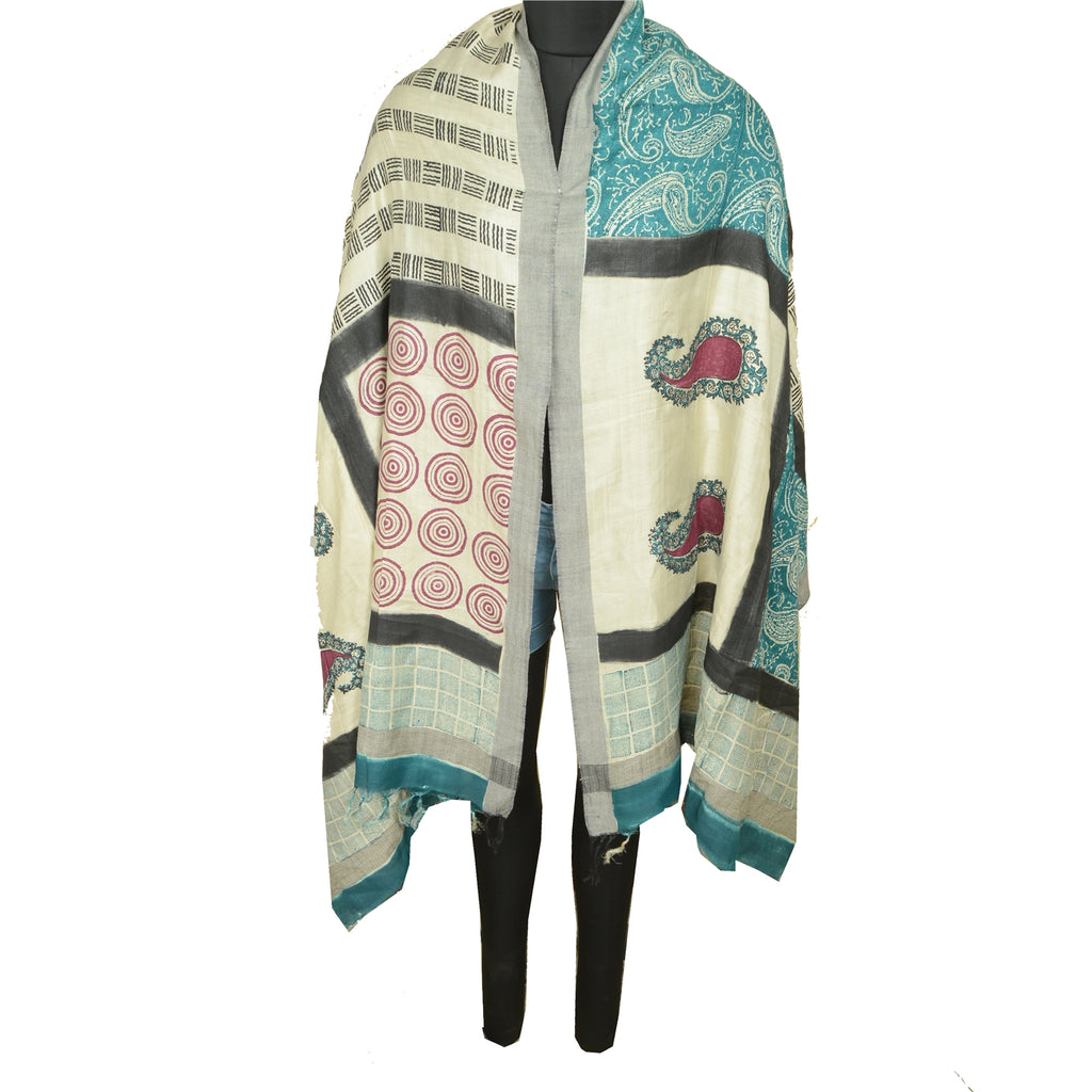 Sanskriti Vintage Long Dupatta Scarf Cotton Silk Ivory Hand-Block Printed Hijab For Crafting, Upcycling, or Even Wearing Craft Supplies