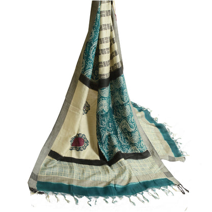 Санскритский винтажный длинный палантин дупатта из хлопка и шелка цвета слоновой кости с ручным принтом хиджаб