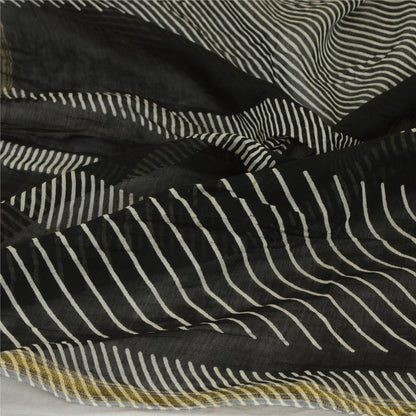 Sanskriti Vintage Long Black Dupatta/Stole Pure Chanderi Silk Printed Scarves