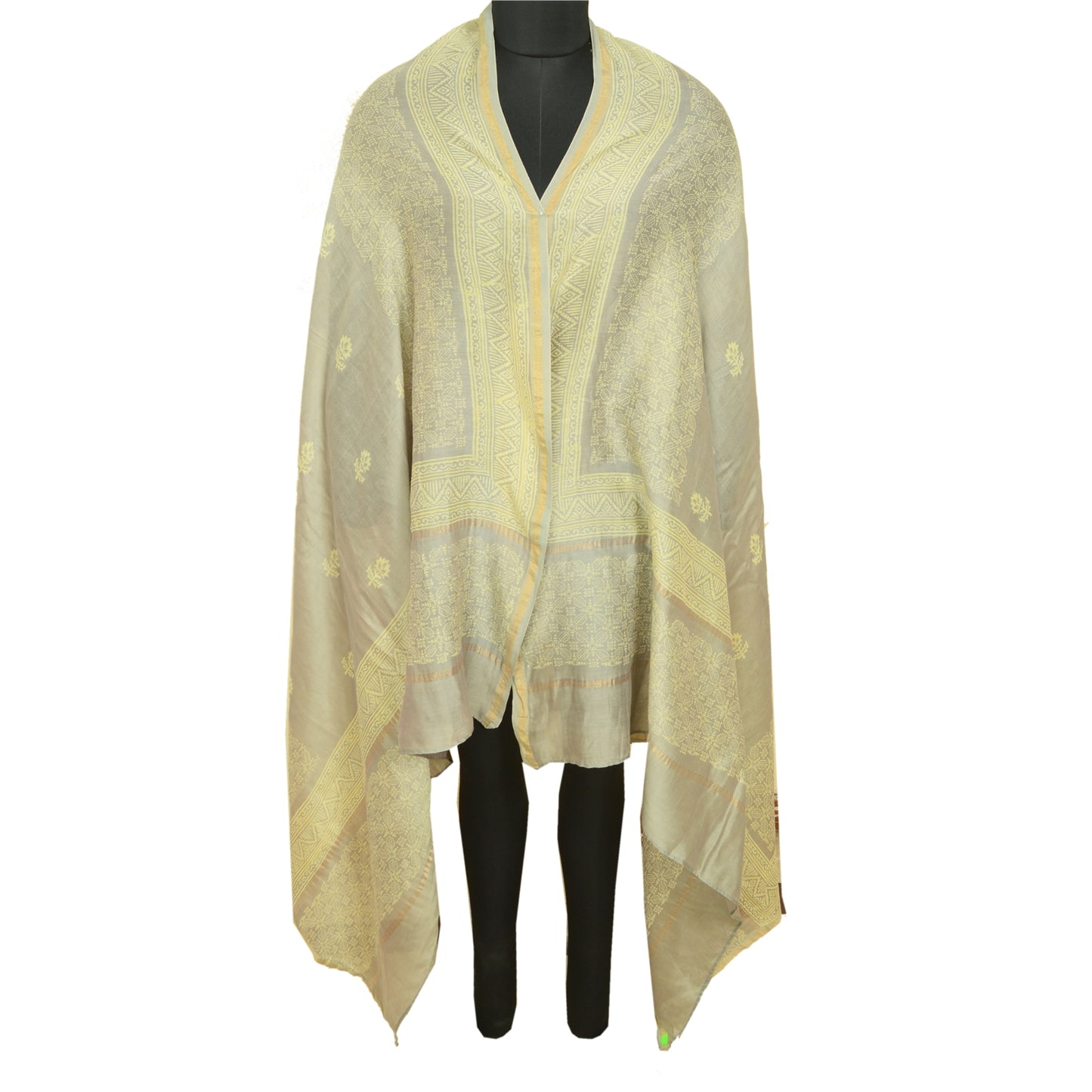 Sanskriti Vintage Long Dupatta Pure Chanderi Silk Olive Green Block Print Stole