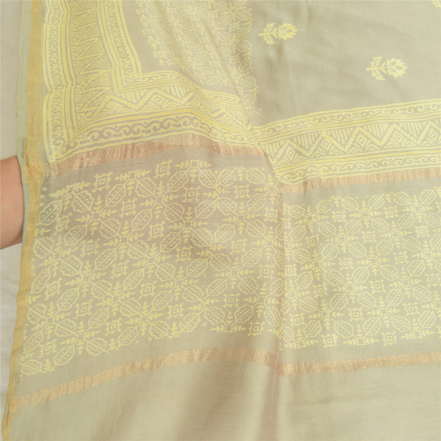 Sanskriti Vintage Long Dupatta Pure Chanderi Silk Olive Green Block Print Stole