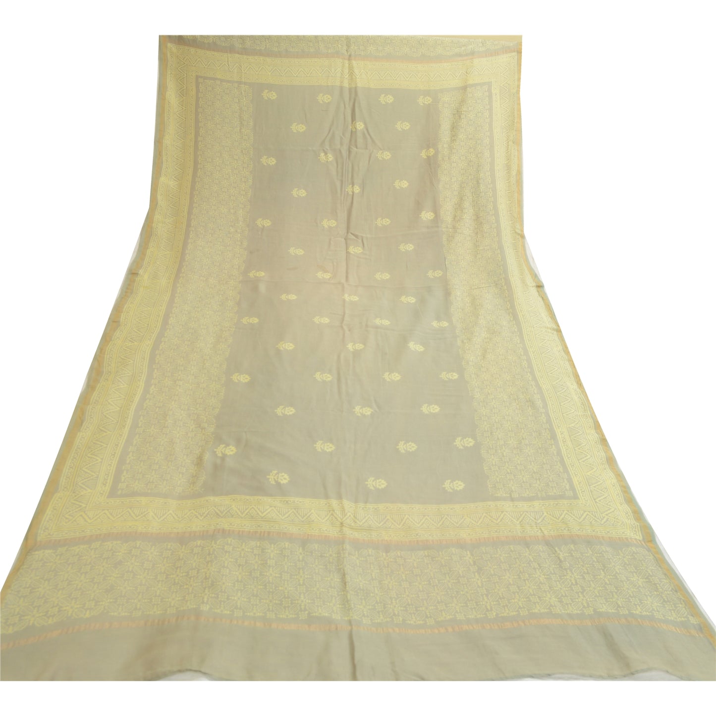 Sanskriti Vintage Long Dupatta Pure Chanderi Silk Olive Green Block Print Stole
