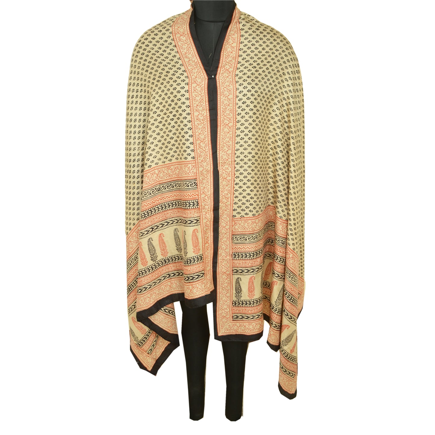 Sanskriti Vintage Dupatta Long Stole Pure Silk Ivory Hand-Block Printed Scarves