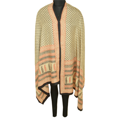 Sanskriti Vintage Dupatta Long Stole Pure Silk Ivory Hand-Block Printed Scarves
