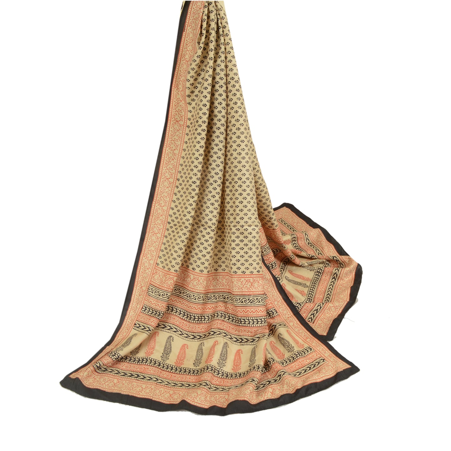 Sanskriti Vintage Dupatta Long Stole Pure Silk Ivory Hand-Block Printed Scarves