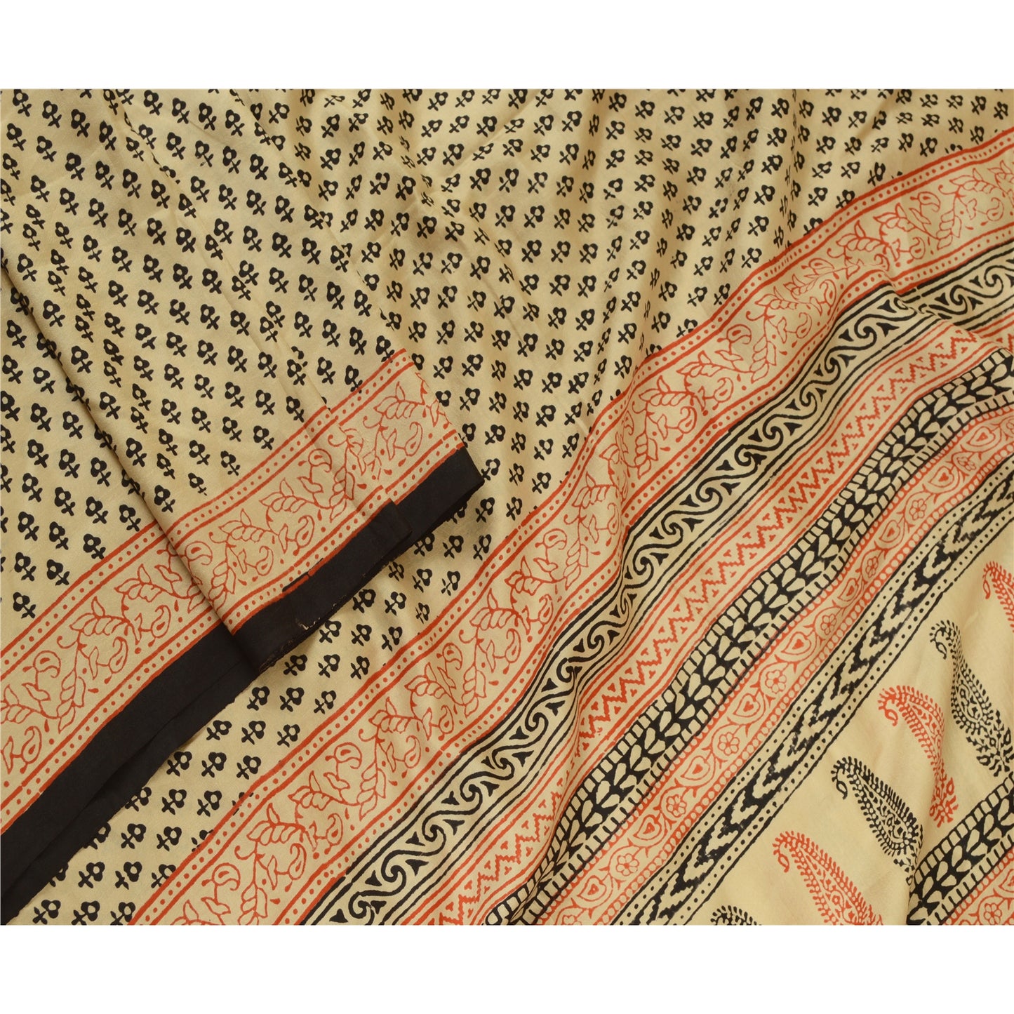 Sanskriti Vintage Dupatta Long Stole Pure Silk Ivory Hand-Block Printed Scarves