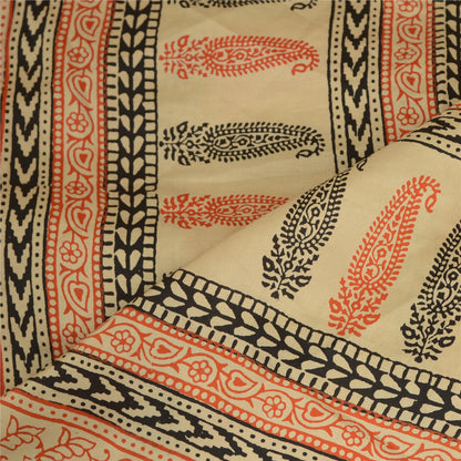 Sanskriti Vintage Dupatta Long Stole Pure Silk Ivory Hand-Block Printed Scarves