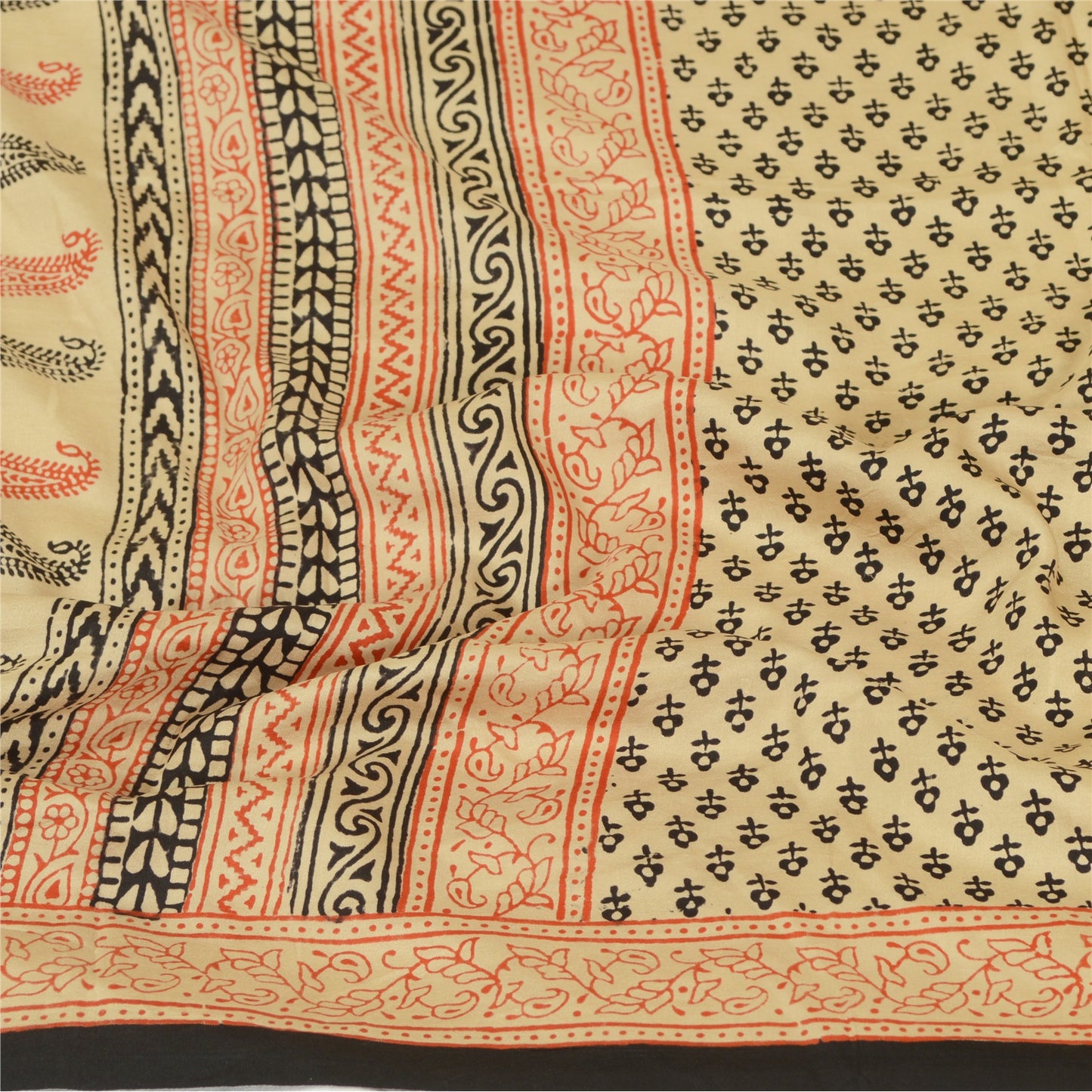 Sanskriti Vintage Dupatta Long Stole Pure Silk Ivory Hand-Block Printed Scarves