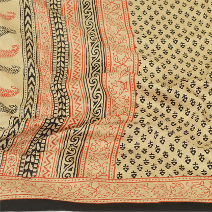 Sanskriti Vintage Dupatta Long Stole Pure Silk Ivory Hand-Block Printed Scarves