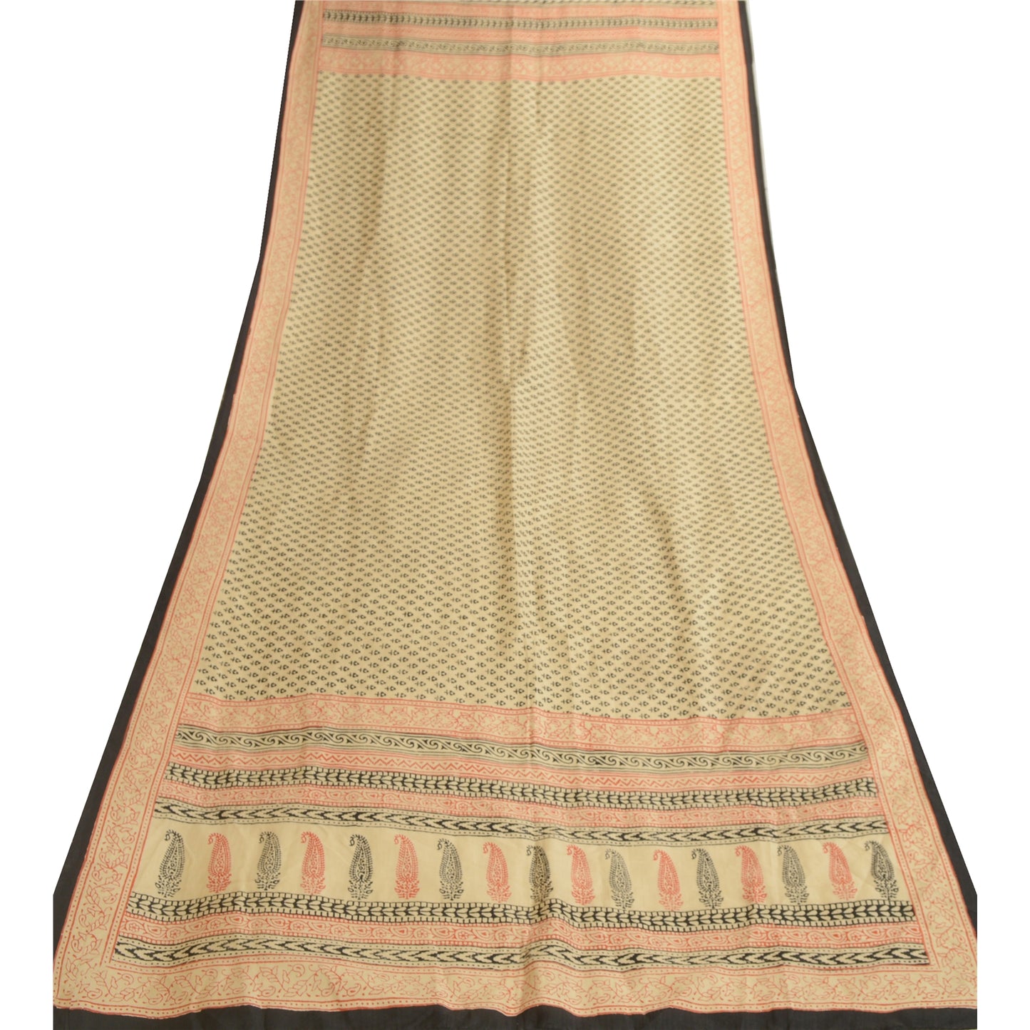 Sanskriti Vintage Dupatta Long Stole Pure Silk Ivory Hand-Block Printed Scarves