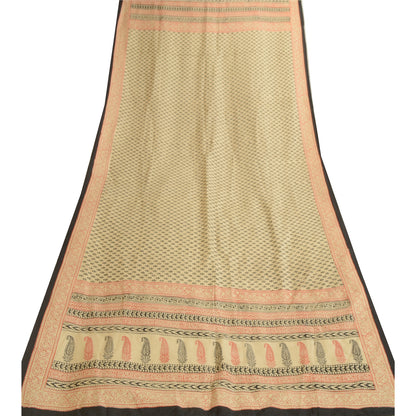 Sanskriti Vintage Dupatta Long Stole Pure Silk Ivory Hand-Block Printed Scarves