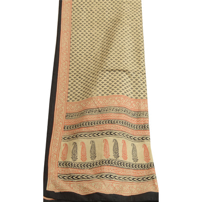 Sanskriti Vintage Dupatta Long Stole Pure Silk Ivory Hand-Block Printed Scarves