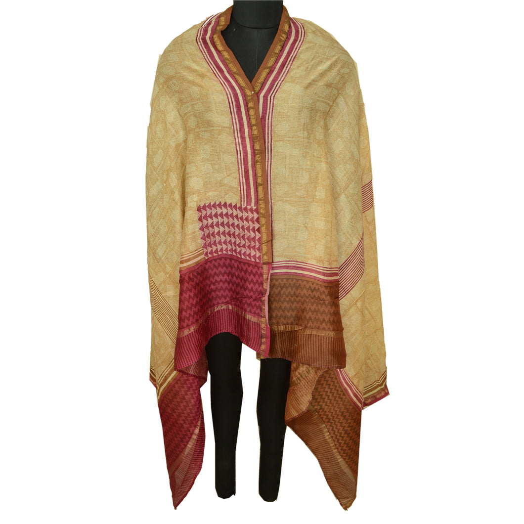 Sanskriti Vintage Cream/Dark Red Long Dupatta Stole Pure Silk Printed Scarves