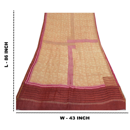 Санскрити Винтаж Кремовый/Темно-красный Длинный Палантин Дупатта Чистый Шелковый Набивной Шарф