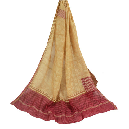 Санскрити Винтаж Кремовый/Темно-красный Длинный Палантин Дупатта Чистый Шелковый Набивной Шарф